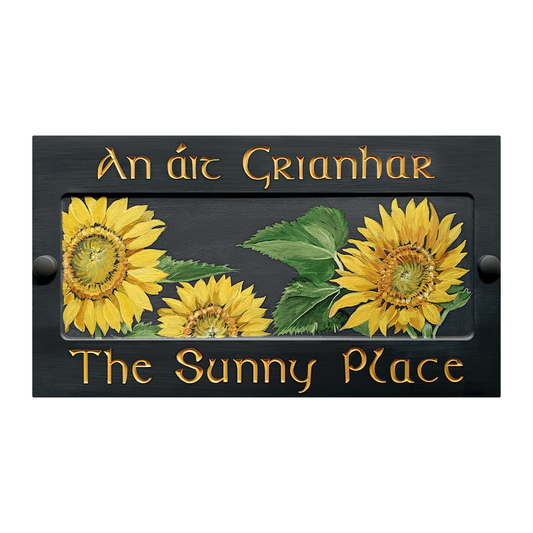 Grey Large Rectangle Corian Sign (325x80mm) with Sunflower Art - housenumbers.ie