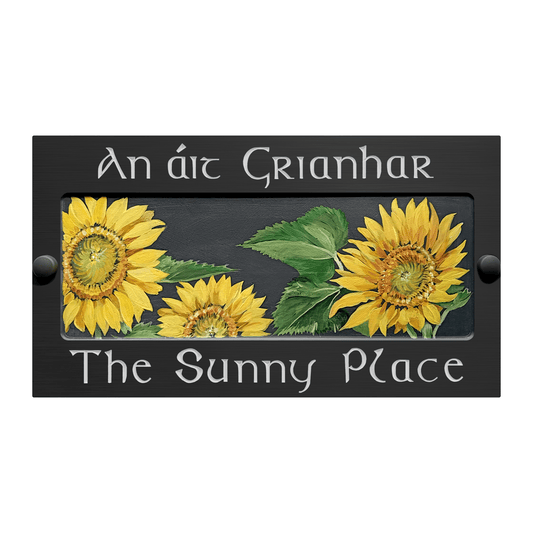 Grey Large Rectangle Corian Sign (325x80mm) with Sunflower Art - housenumbers.ie