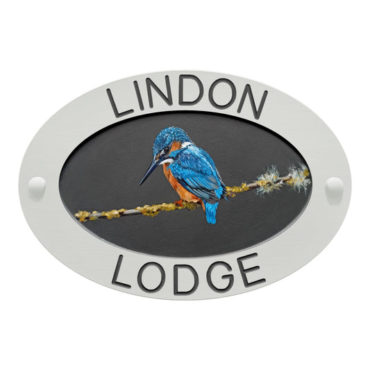 White Large Oval Corian Sign (325x225mm) with Kingfisher Art - housenumbers.ie