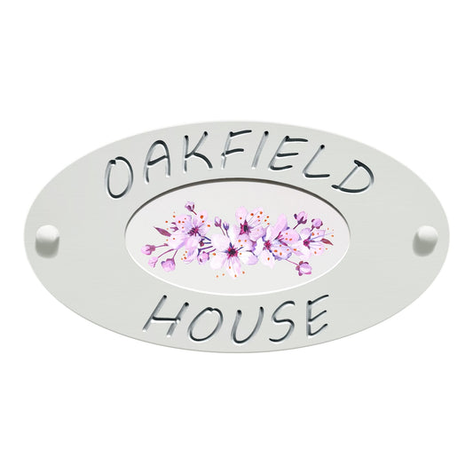 White Small Oval Corian Sign (320x175mm) with Art - housenumbers.ie