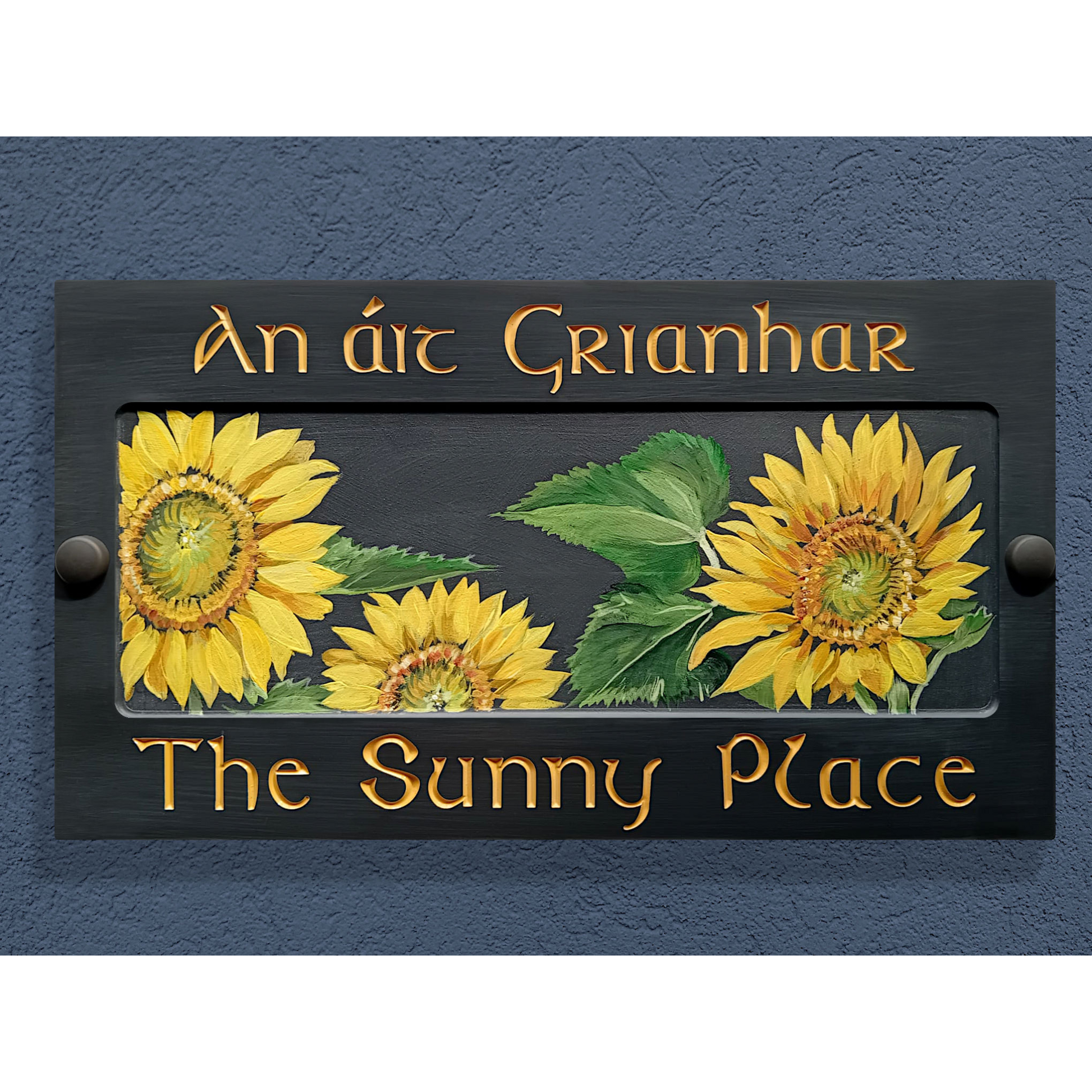 Grey Large Rectangle Corian Sign (325x80mm) with Sunflower Art