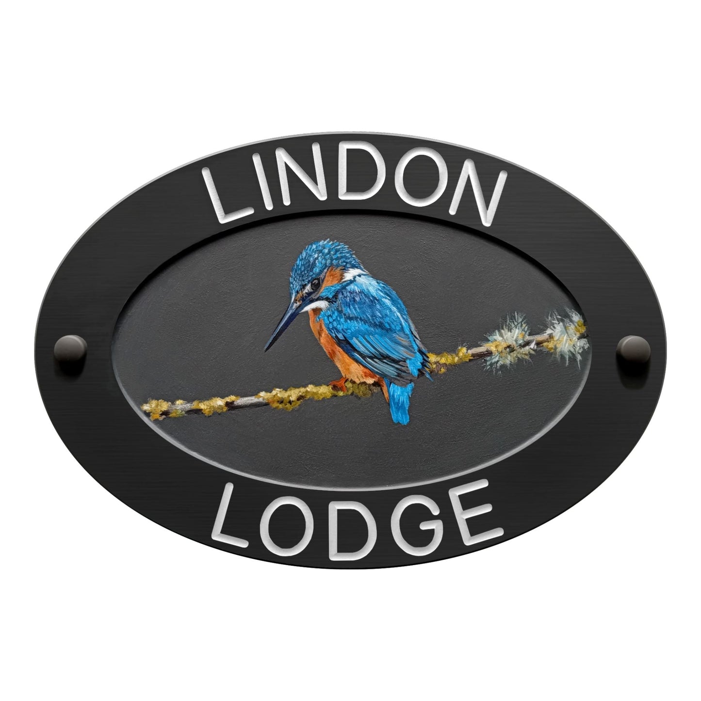 Grey Large Oval Corian Sign (325x225mm) with Kingfisher Art - housenumbers.ie