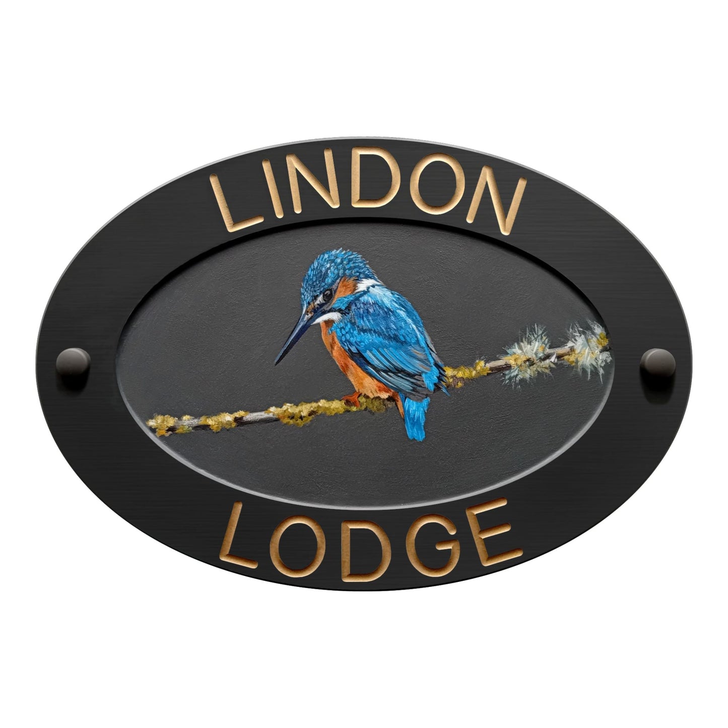 Grey Large Oval Corian Sign (325x225mm) with Kingfisher Art - housenumbers.ie