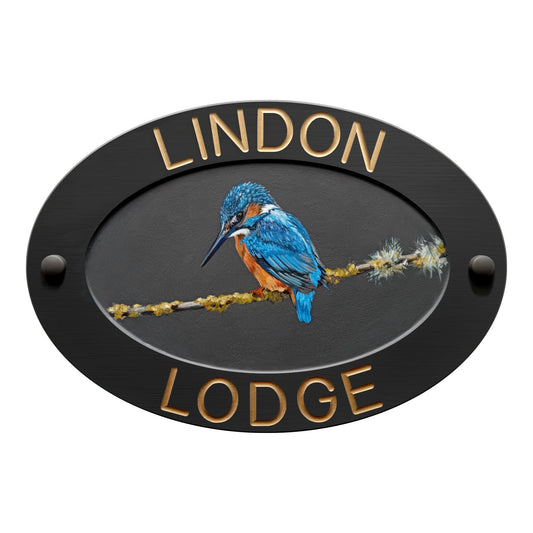 Grey Large Oval Corian Sign (325x225mm) with Kingfisher Art - housenumbers.ie