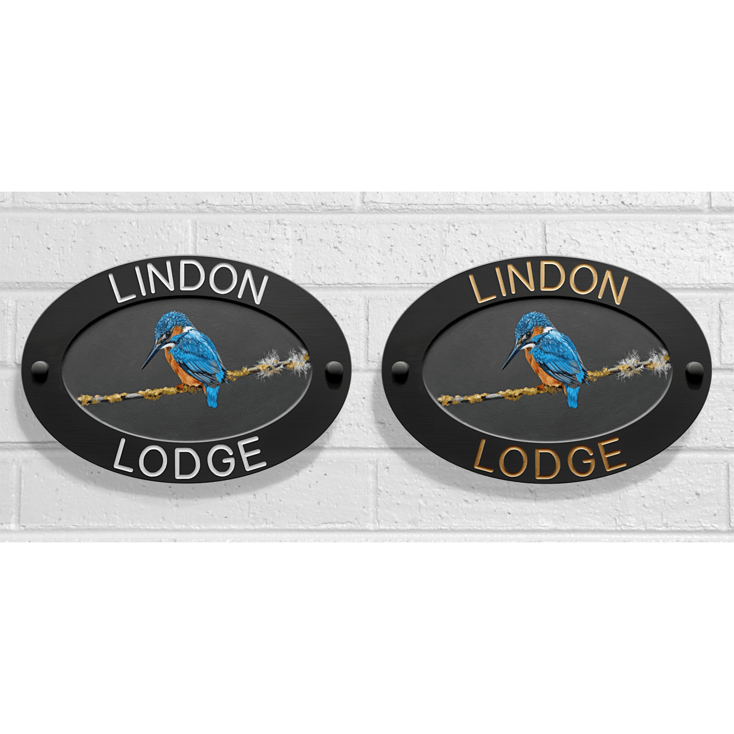Grey Large Oval Corian Sign (325x225mm) with Kingfisher Art - housenumbers.ie