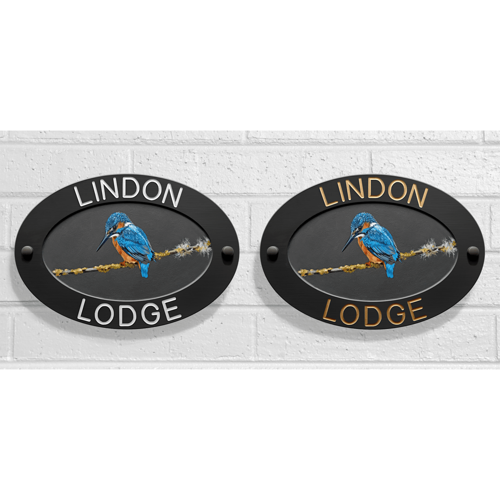 Grey Large Oval Corian Sign (325x225mm) with Kingfisher Art - housenumbers.ie