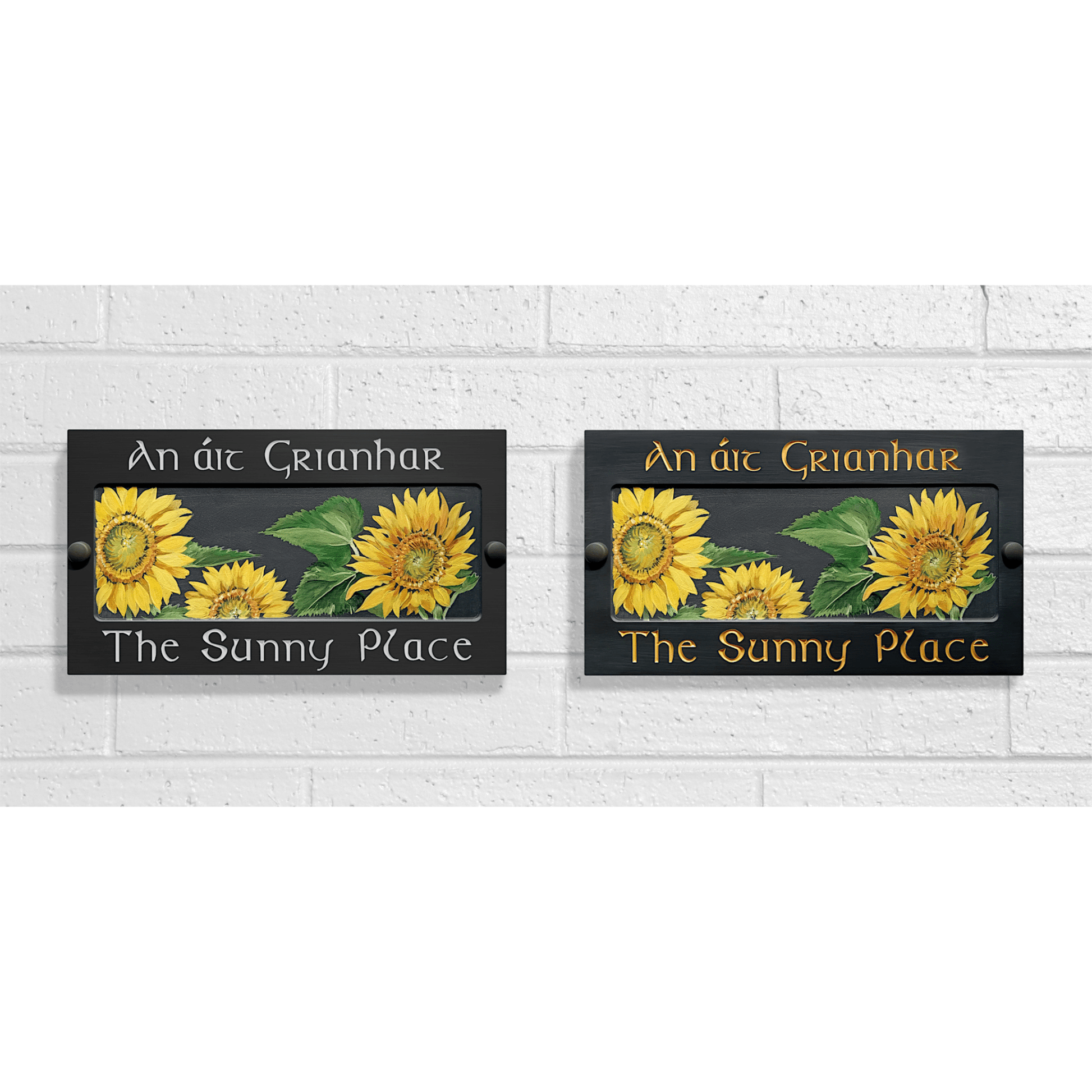 Grey Large Rectangle Corian Sign (325x80mm) with Sunflower Art - housenumbers.ie