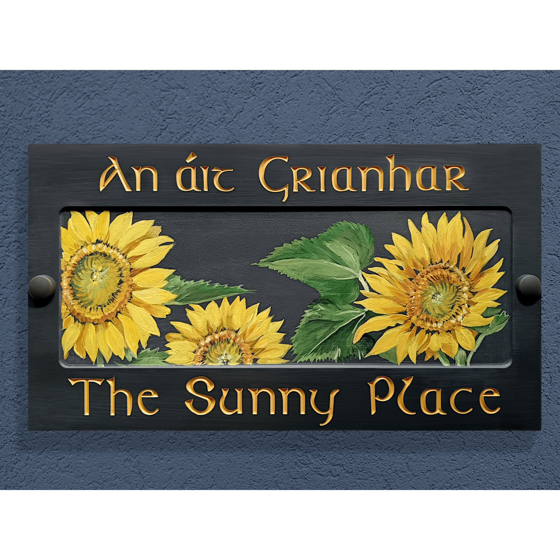 Grey Large Rectangle Corian Sign (325x80mm) with Sunflower Art - housenumbers.ie
