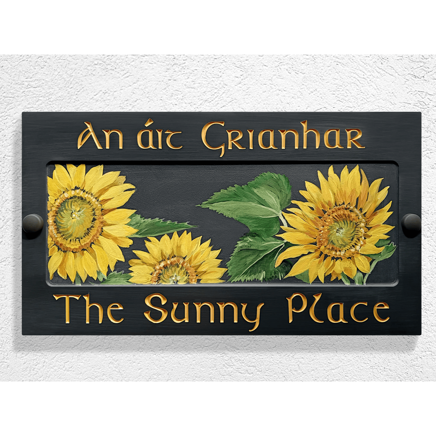 Grey Large Rectangle Corian Sign (325x80mm) with Sunflower Art - housenumbers.ie