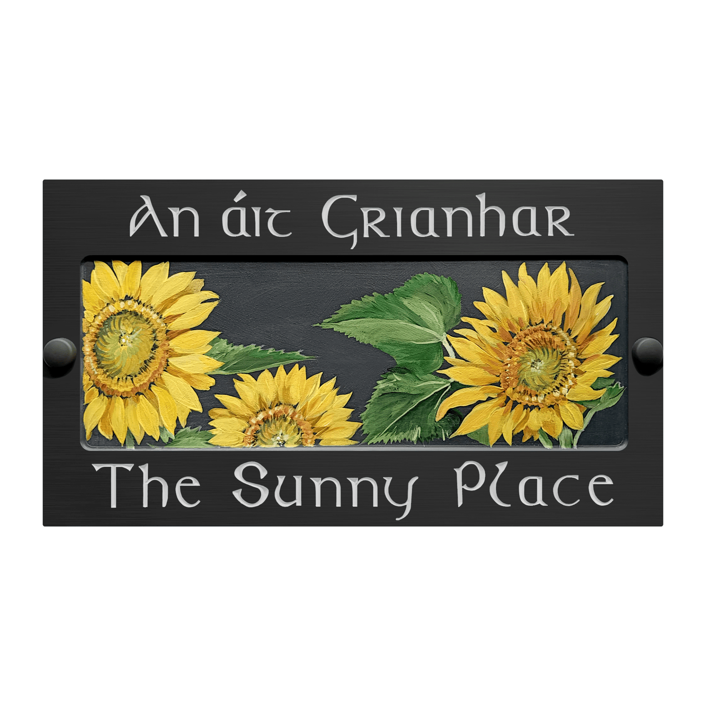 Grey Large Rectangle Corian Sign (325x80mm) with Sunflower Art - housenumbers.ie