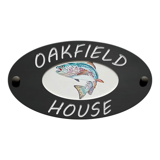 Grey Small Oval Corian Sign (320x175mm) with Art - housenumbers.ie