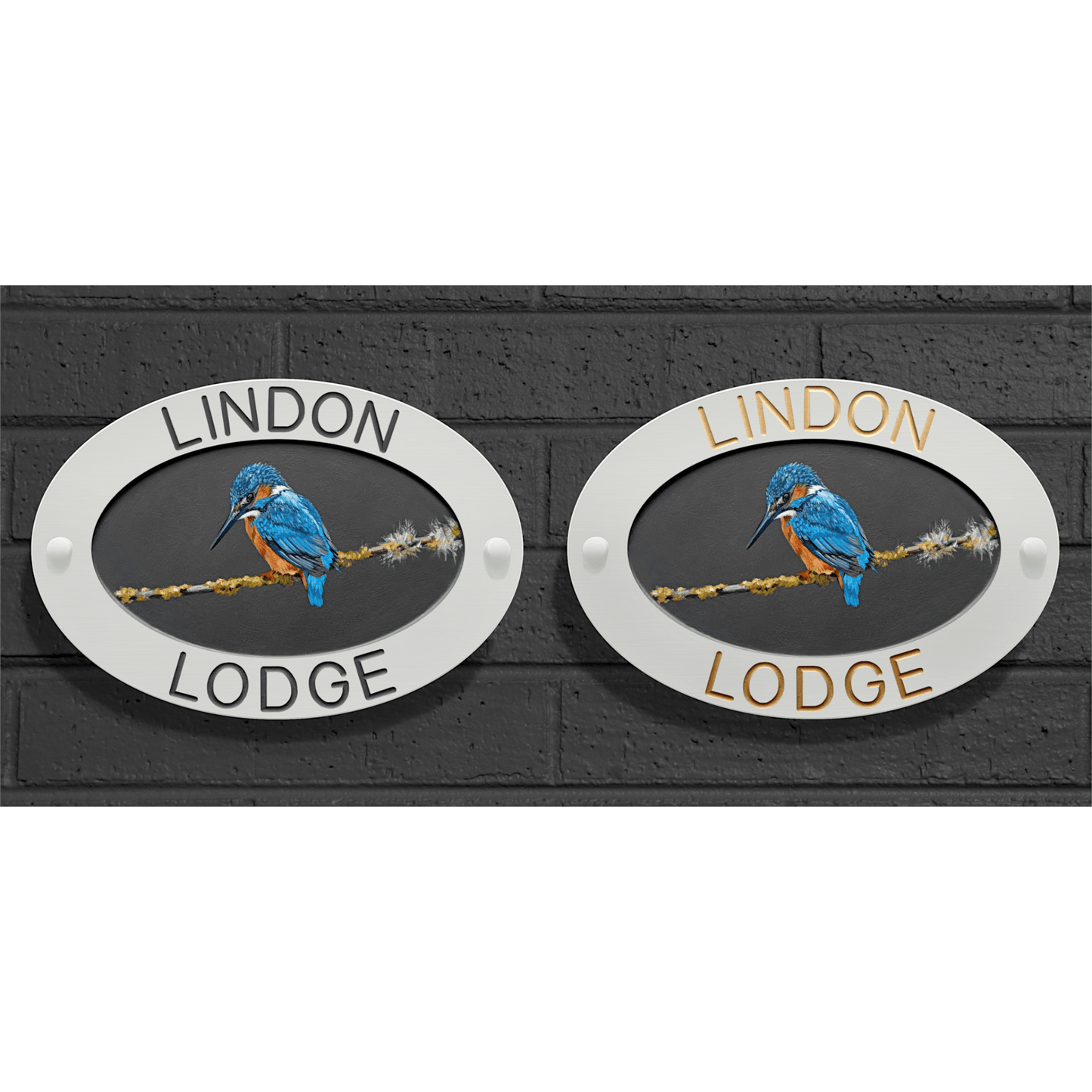 White Large Oval Corian Sign (325x225mm) with Kingfisher Art - housenumbers.ie