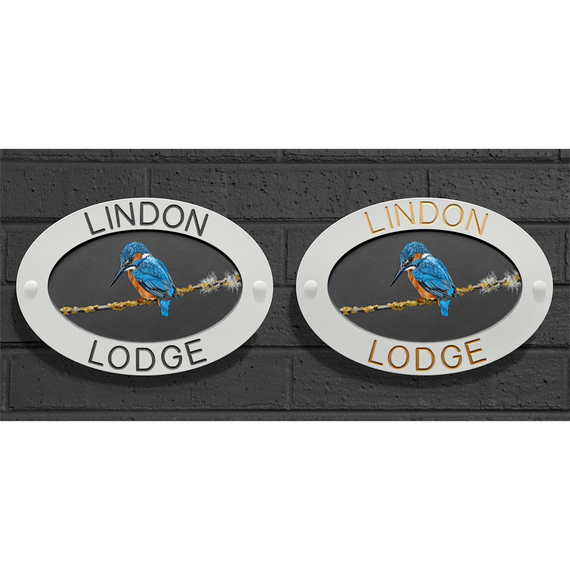White Large Oval Corian Sign (325x225mm) with Kingfisher Art - housenumbers.ie
