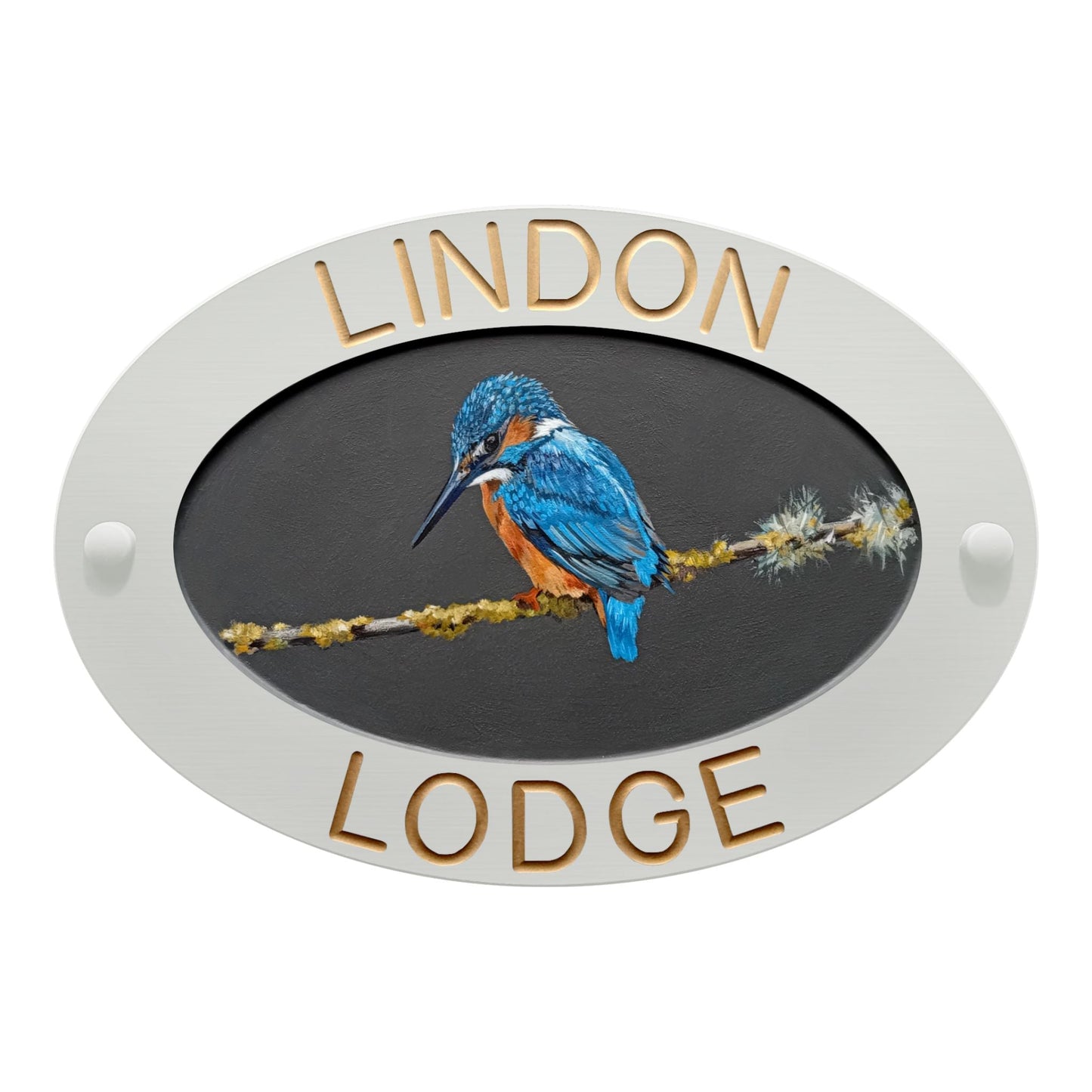 White Large Oval Corian Sign (325x225mm) with Kingfisher Art - housenumbers.ie