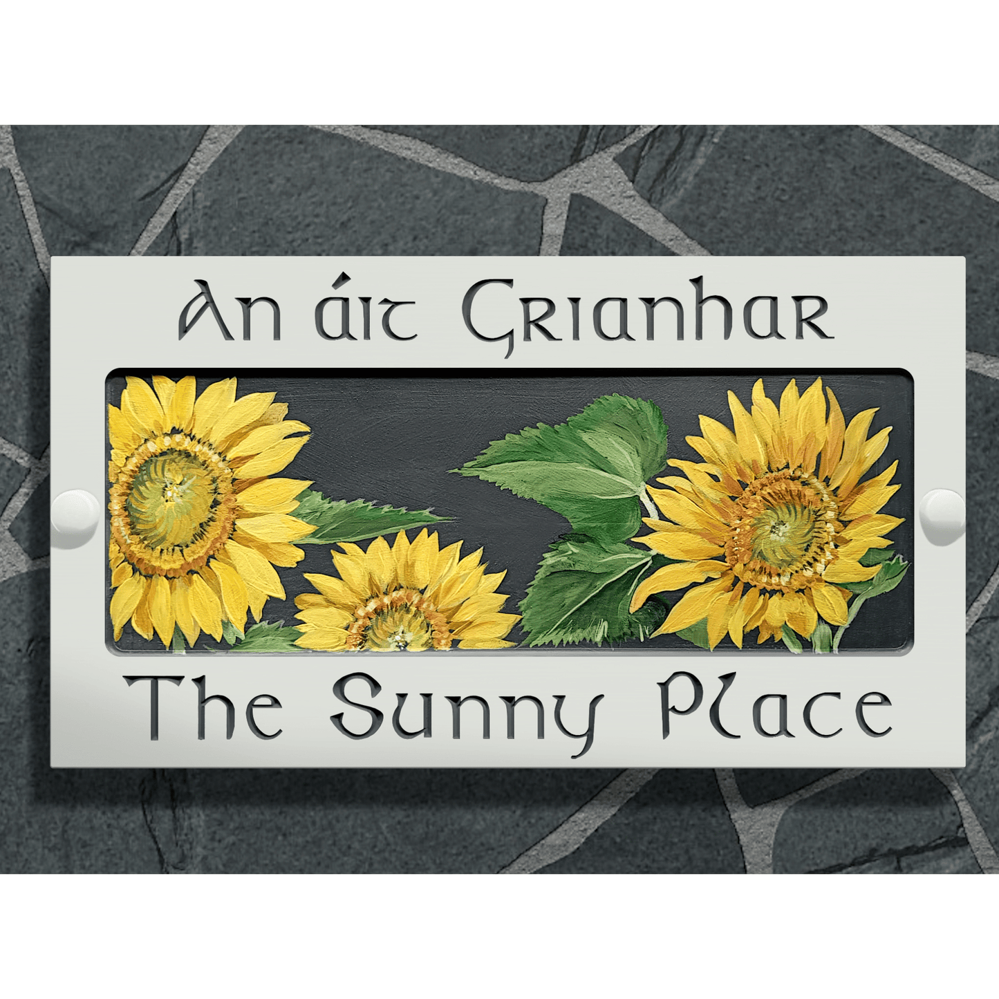 White Large Rectangle Corian Sign (325x180mm) with Sunflower Art - housenumbers.ie