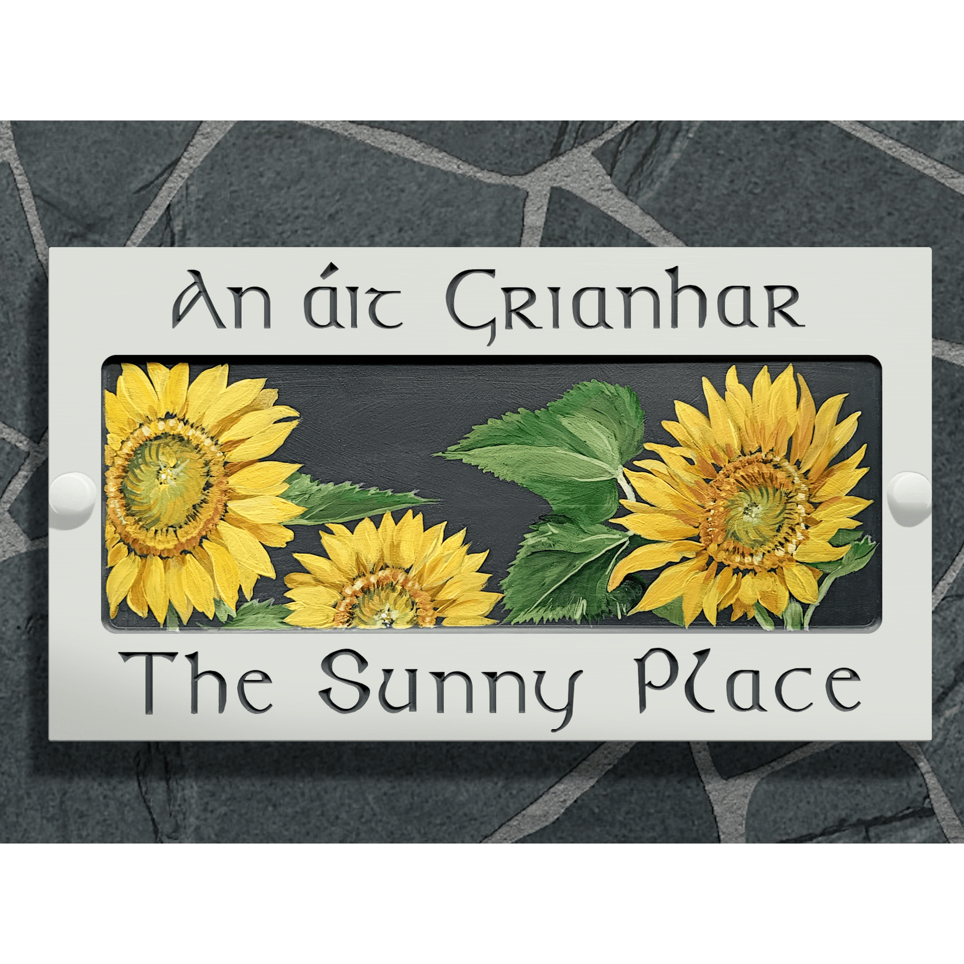 White Large Rectangle Corian Sign (325x180mm) with Sunflower Art - housenumbers.ie