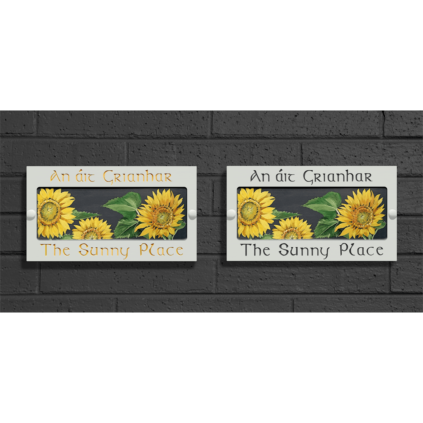 White Large Rectangle Corian Sign (325x180mm) with Sunflower Art - housenumbers.ie