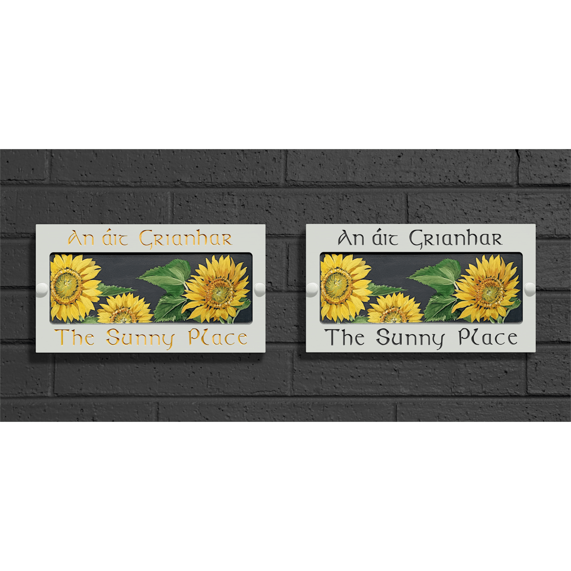 White Large Rectangle Corian Sign (325x180mm) with Sunflower Art - housenumbers.ie