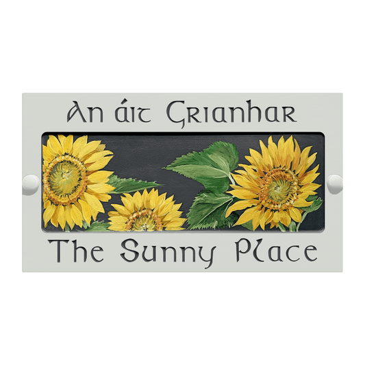 White Large Rectangle Corian Sign (325x180mm) with Sunflower Art - housenumbers.ie